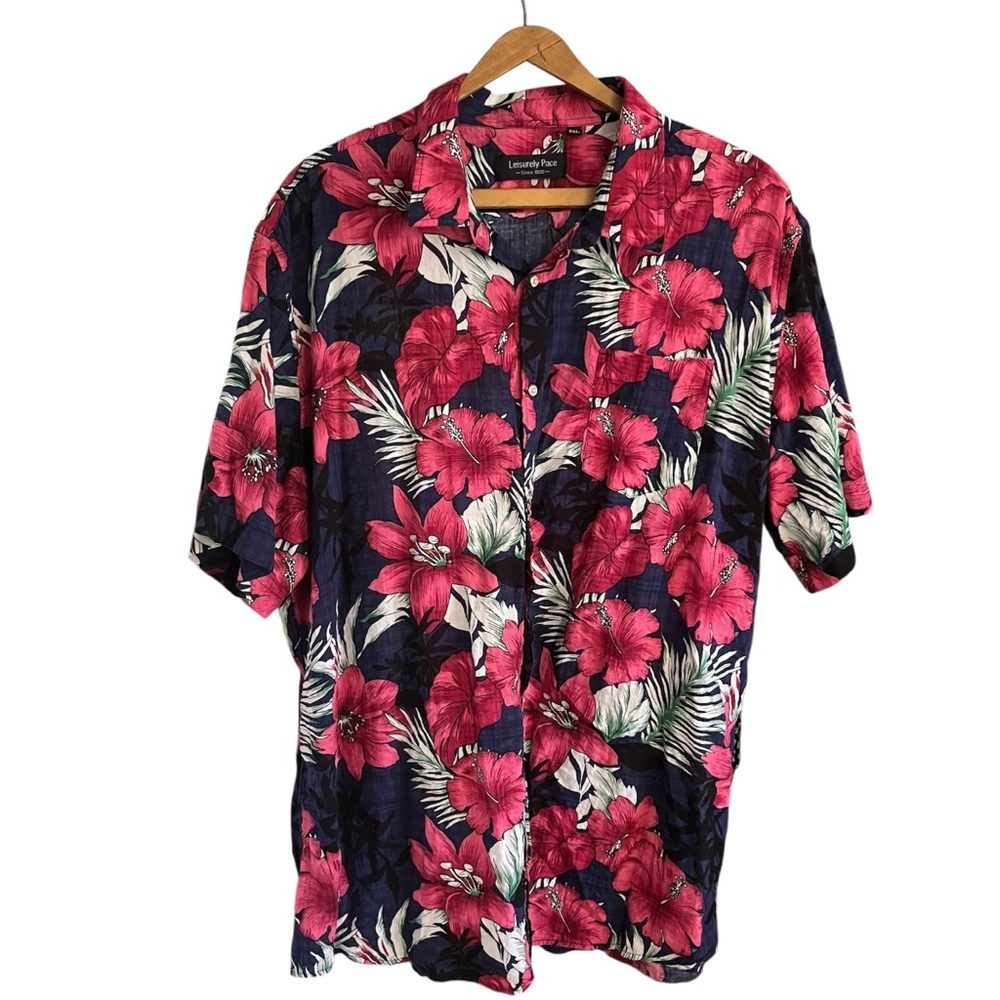 2/30$ ⭐️ Men's Navy Hawaiian Shirt with Pink Floral Print